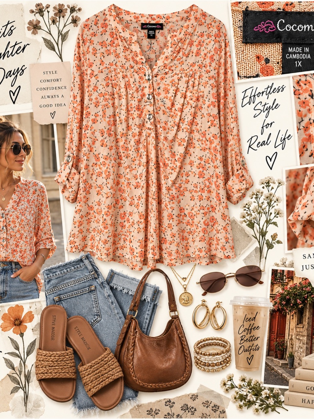 Cocomo Blouse Size 1X Peach Floral V-Neck Button Front